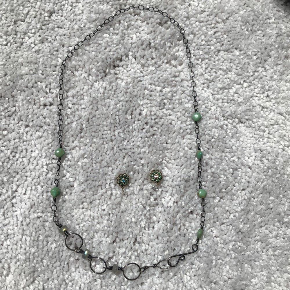 Artisan made necklace w/ paired crystal earrings.
